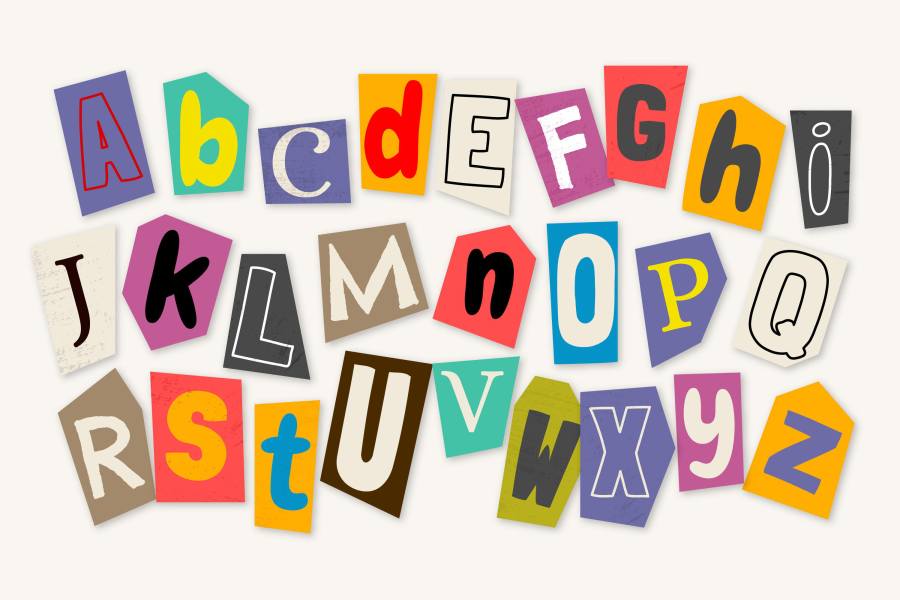 Imagen de un conjunto de tipografías como recortes de periódico