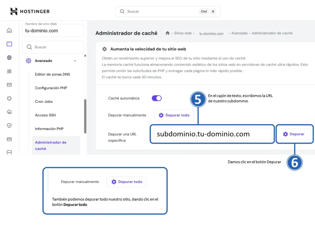 Cómo limpiar la memoria caché de un subdominio en HOSTINGER ¡en menos de UN MINUTO! | Tutorial paso a paso 2025